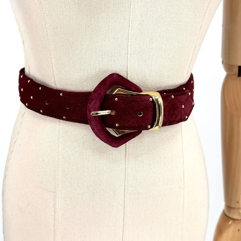 Vintage 90s Magid Burgundy Genuine Suede Studded Gold Buckle Belt